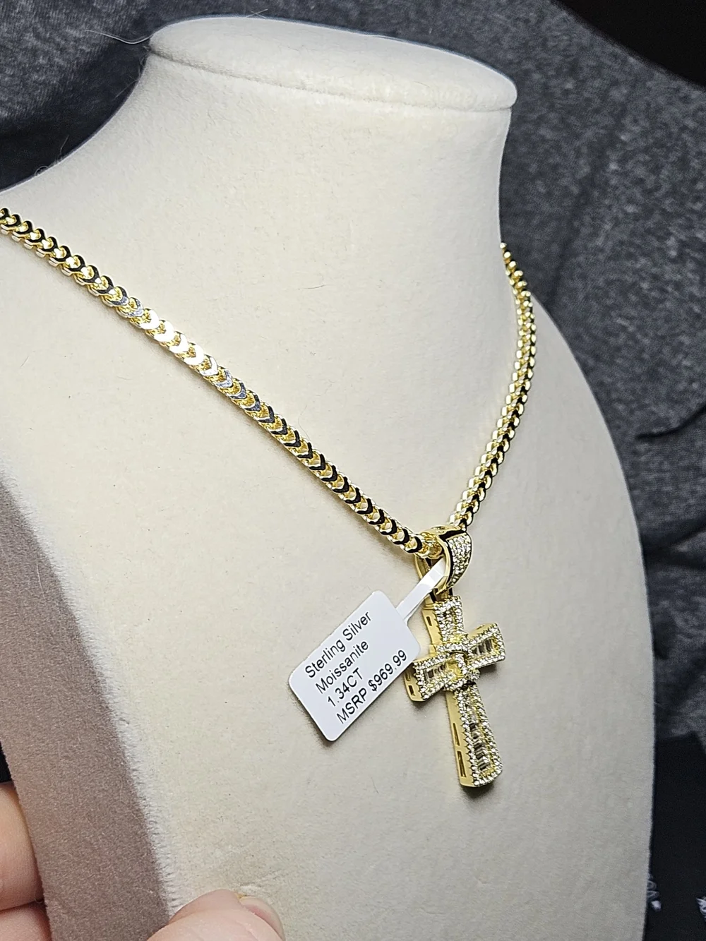 Sterling Silver 14k Gold Over Moissanite Cross Pendant And 18in Franco Chain